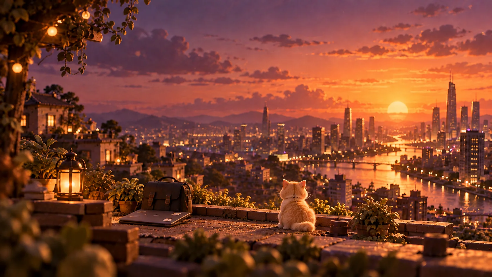 About and contact world: a rooftop ledge with a lantern, bag and a cat looking over a glowing city at sunset