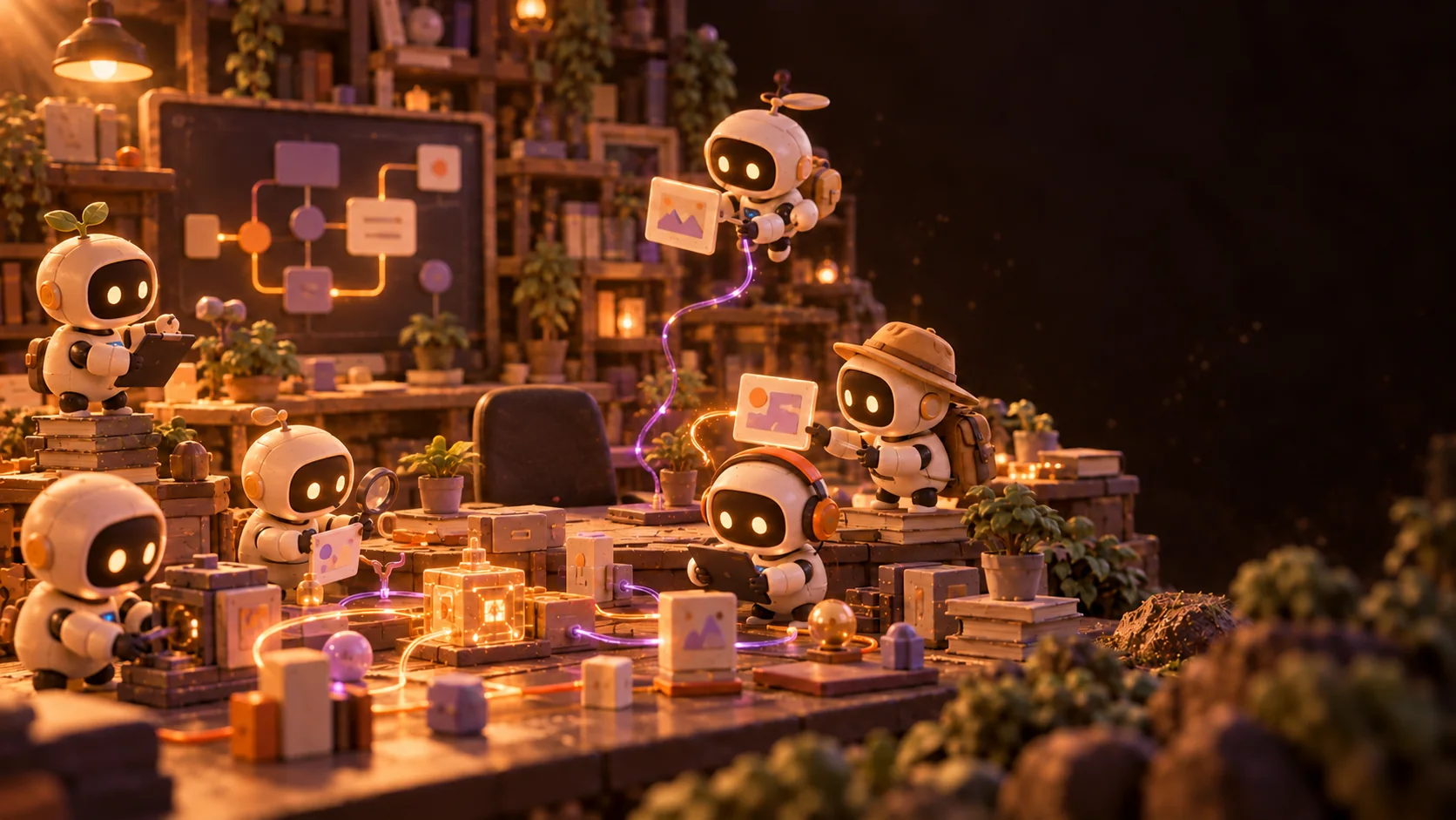 Agentic AI world: a workshop desk surrounded by small clay robot agents, each holding a different tool