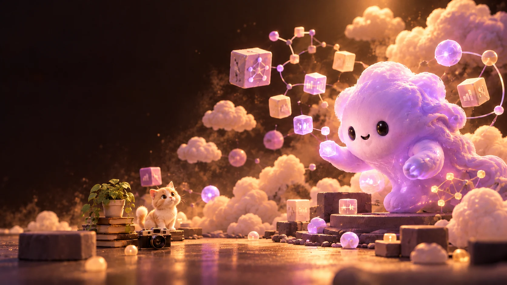 AI and machine learning world: a glowing purple AI model surrounded by floating data cubes, with a cat on a stack of books