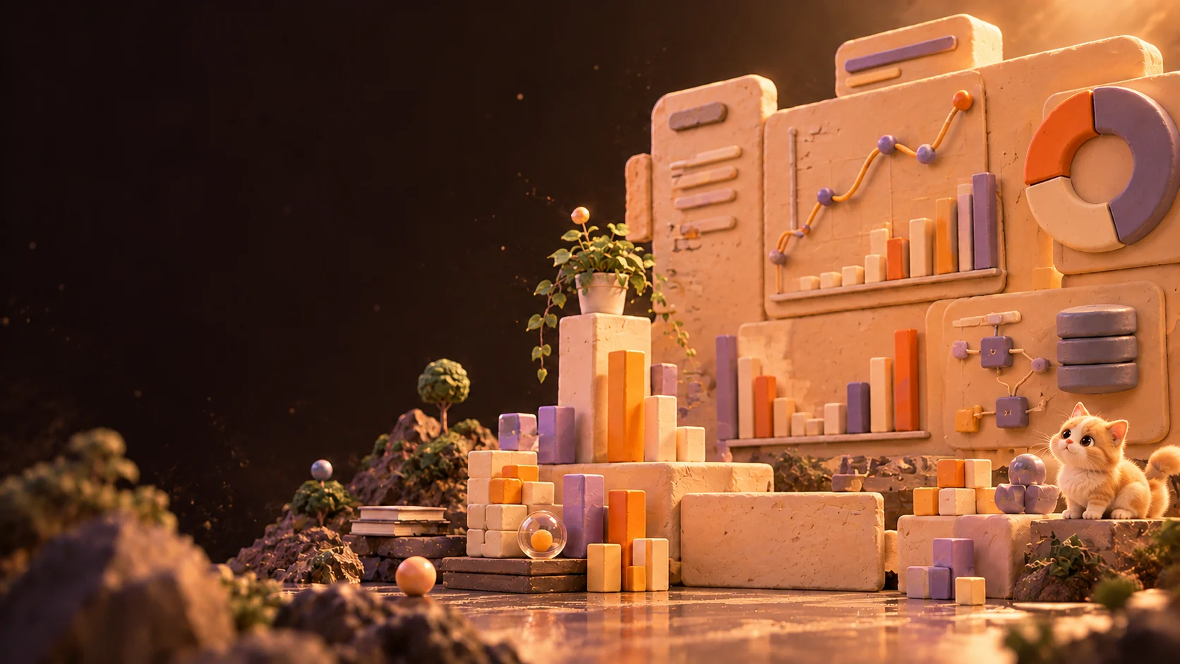 Data analytics world: a clay wall of charts and dashboards with stacked data blocks and a cat
