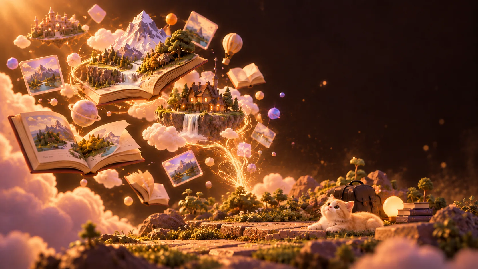 Generative AI world: open books turning into miniature 3D worlds with mountains, castles and waterfalls