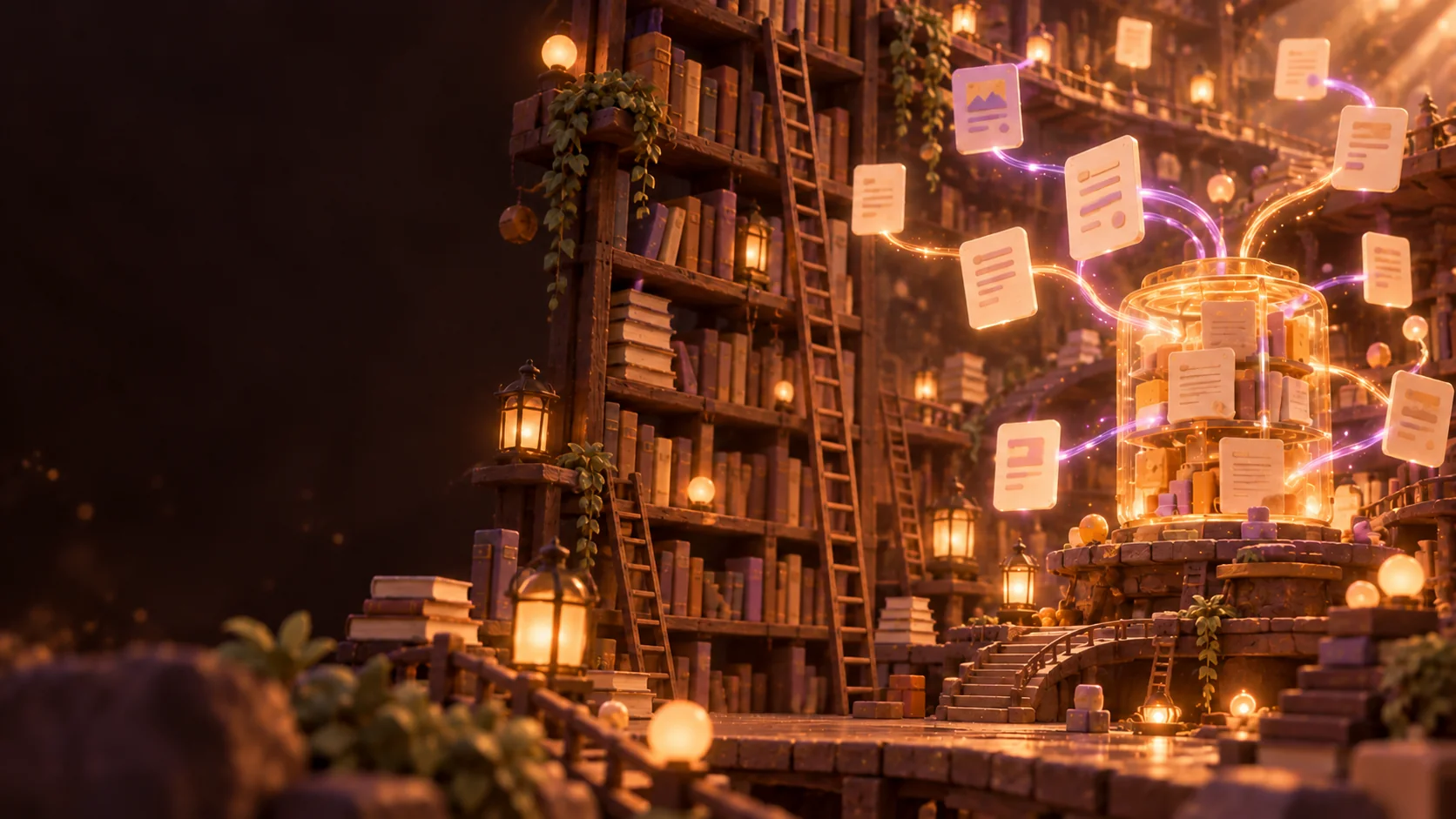 Retrieval-augmented generation world: a towering library where glowing documents flow into a glass knowledge core