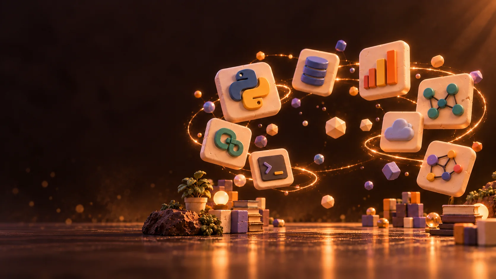 Tech stack world: floating clay tiles for Python, databases, charts, cloud and the command line